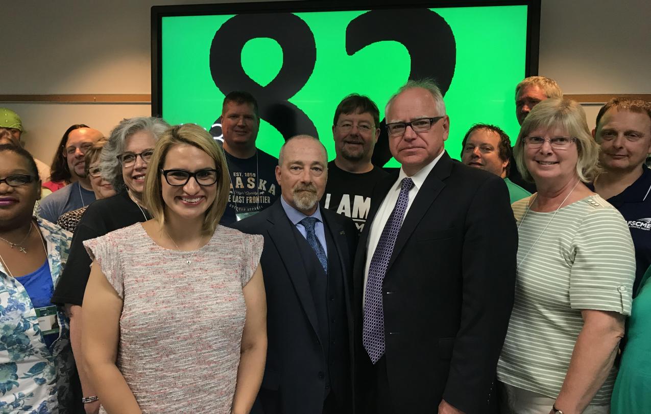 Tim Walz, Peggy Flanagan and AFSCME members celebrate our endorsement of Walz/Flanagan for Governor and Lt. Governor